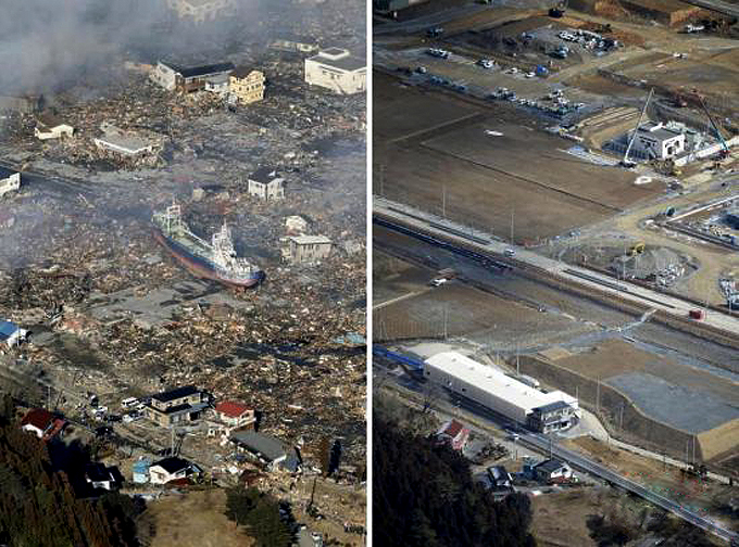 日本2011年大地震五周年之际，日本共同社于2016年3月1日发布了日本大地震灾区今昔对比图。